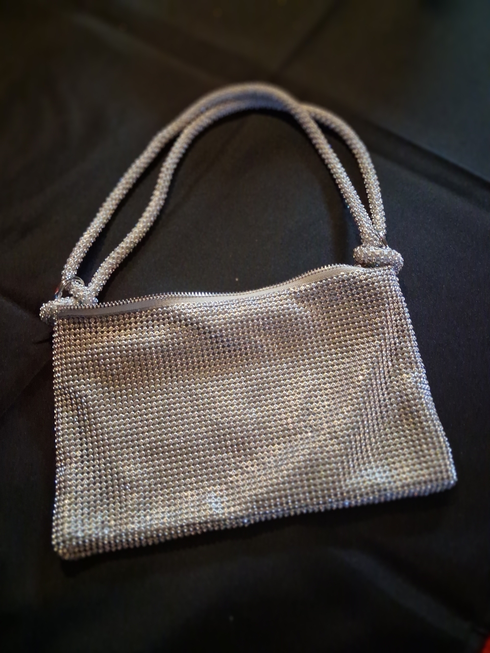 Silver Crystal Mesh Mini Bag with Rope Strap - Women Bags Mini Bags
